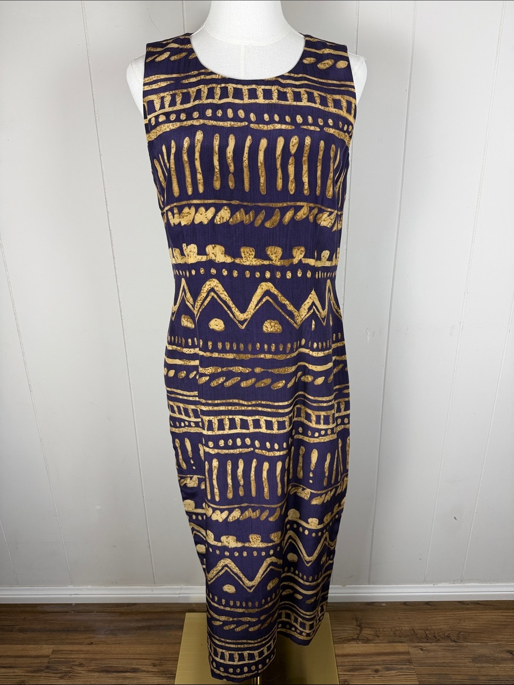 Spenser Jeremy Navy and Gold Patterned Midi Dress